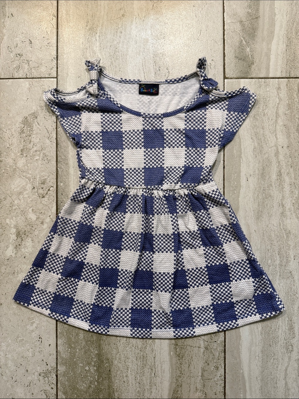 Blue and White Check Cold-Shoulder Kids Dress